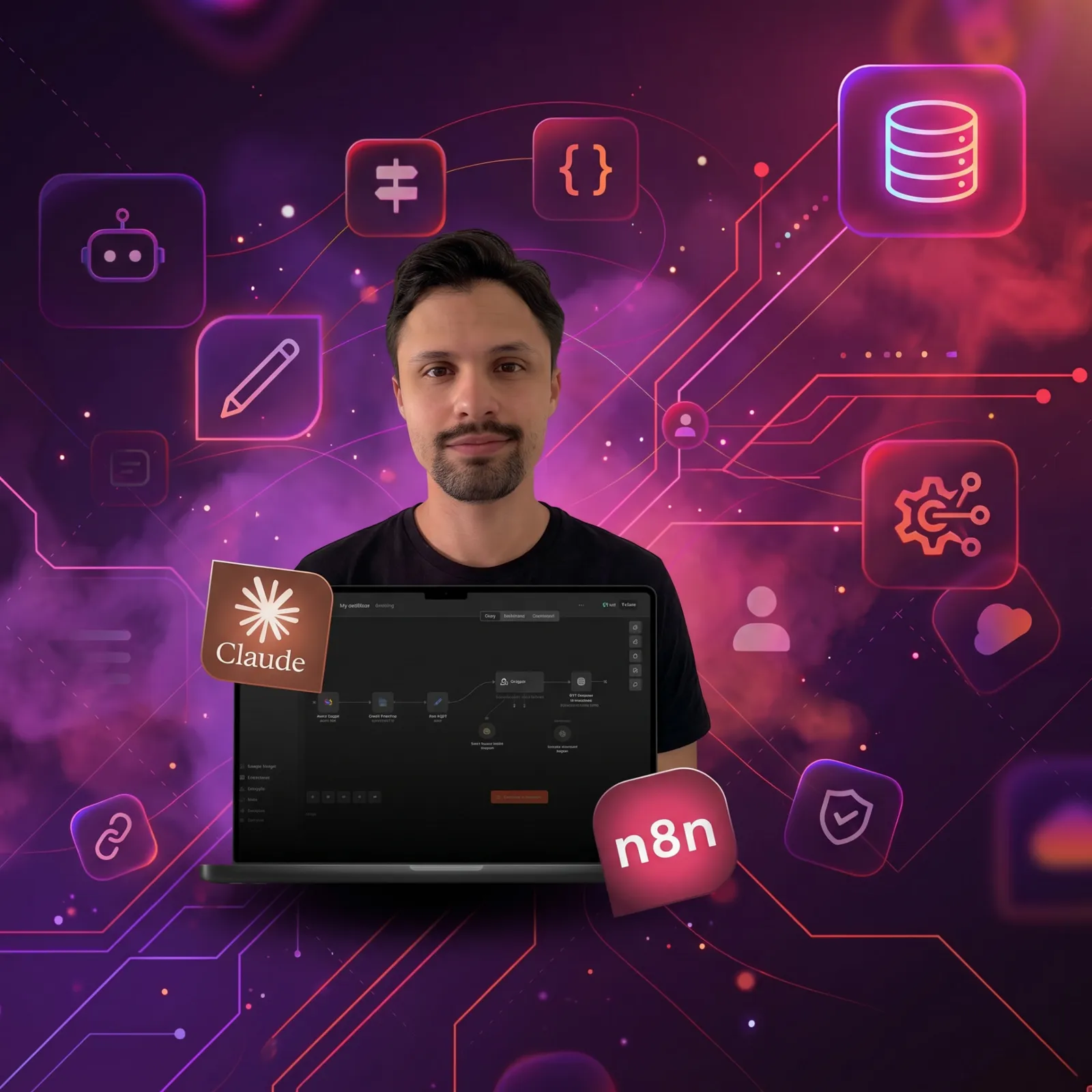 Mateus Penteado com notebook mostrando automações com IA